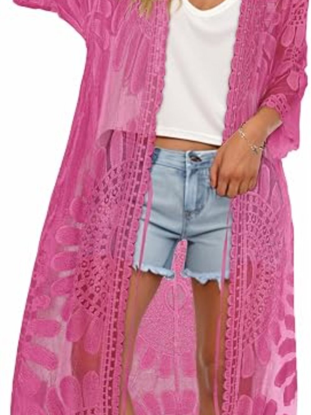 Pink Floral Long Lace Sheer Kimono Beach Cover Up - Picture 4 of 6